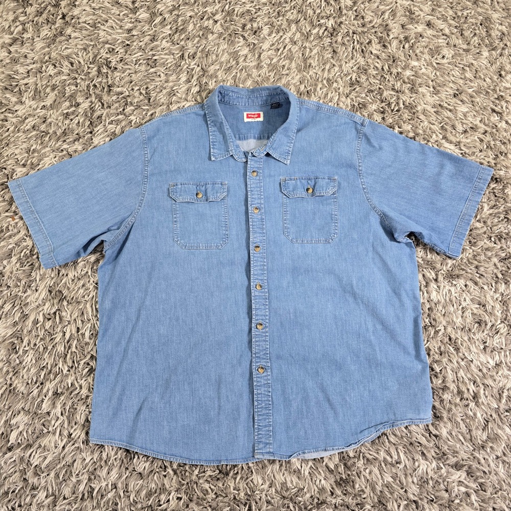 Wrangler Mens 3XL Light Wash Blue Short Sleeve Denim Button Down Shirt 112315233